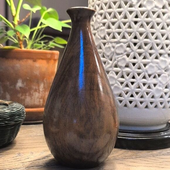 Hand Crafted Elegant Brown Wooden Vase With Green Accents - Picture 3 of 9